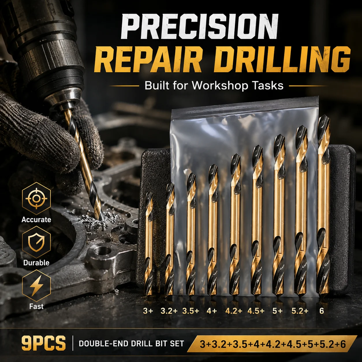9Pcs Double End HSS Drill Bit Set 3-6mm, Sharp Dual Head Twist Drill Bits for Metal Steel Alloy Precision Drilling