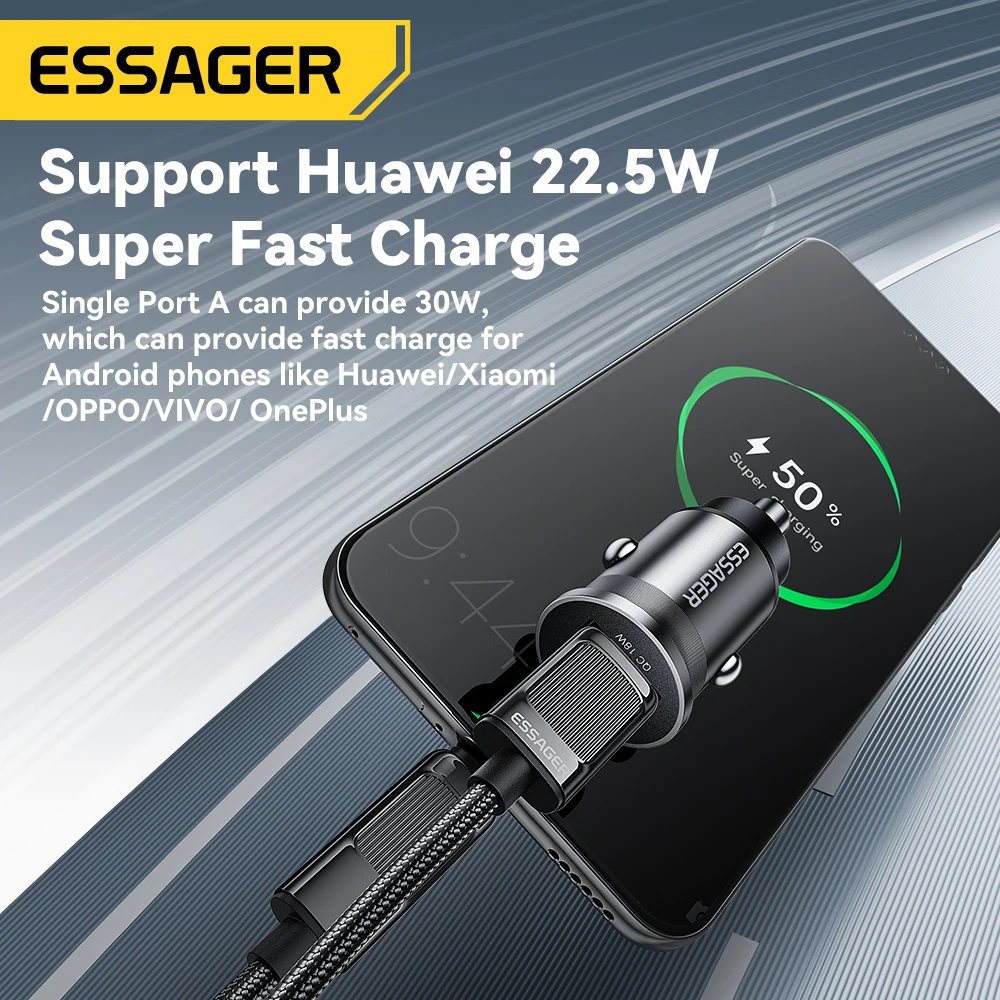 Essager 45W Mini Car Charger with USB-C and USB, QC/PD/SCP/AFC Fast Charging Supported 3