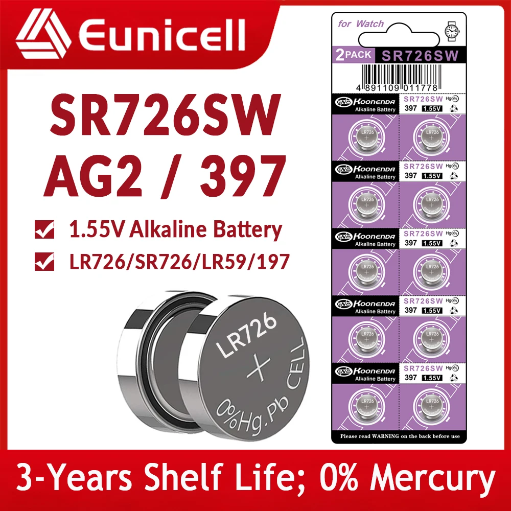 Eunicell 10-50PCS 28mAh LR726 AG2 Button Pilas Batteries SR726SW CX59 LR59 SR59 397 396A G2A G2 1.5V Alkaline Cell Coin Battery