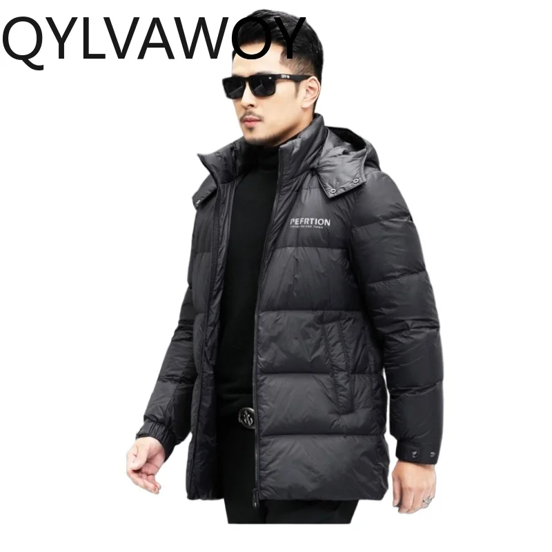 

QYLVAWOY Мужская зимняя куртка средней длины с утеплителем из утиного пуха, теплая, с отстегивающимся капюшоном, ветрозащитная