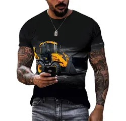 Engineering Truck Excavator Summer Personality Men's T-shirt 3d-printed Large Size Short Sleeve Bulldozer Tractor O Collar Shirt