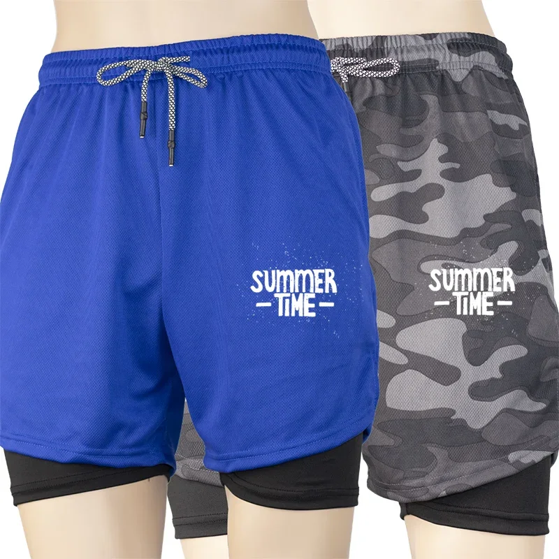 

Мужские летние шорты 2 в 1, спортивные шорты для бега в тренажерном зале с принтом и карманом для телефона, быстросохнущие, дышащие