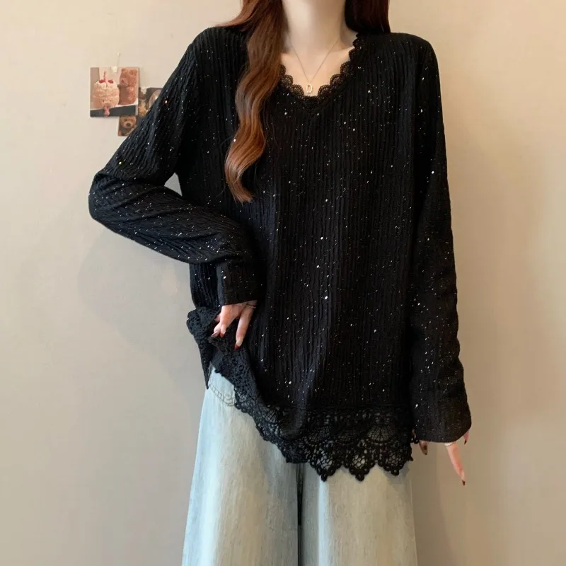 2026年春新作 レディース 長袖Tシャツ キラキラレース パッチワーク Vネック 韓国風 ルーズフィット カジュアルシックブラウス