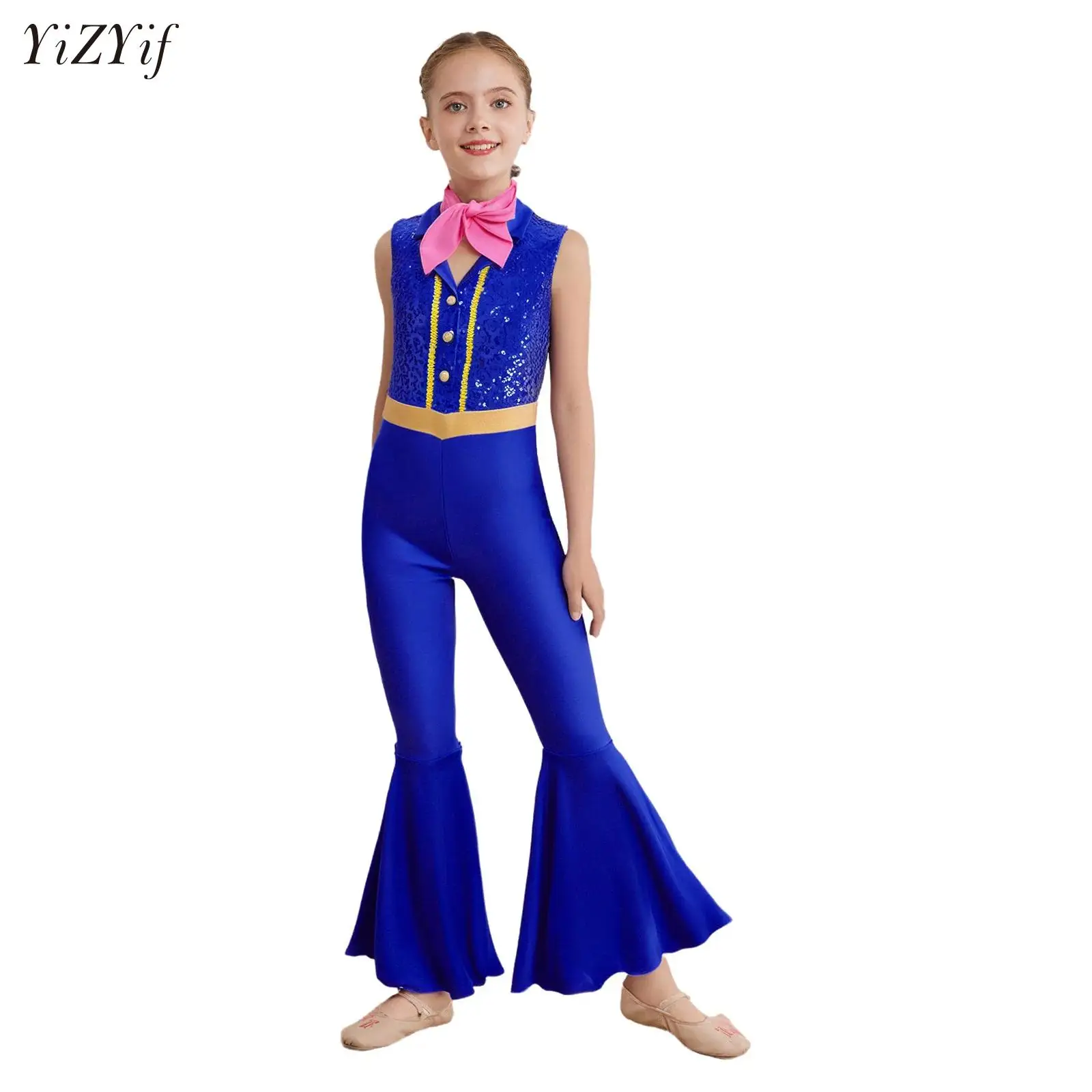 

Disco Theme Party Ballroom Dance Competition Costumes for Kids Girls Shiny Sequin Jumpsuit Sleeveless Bell-Bottom Bodysuit+Scarf