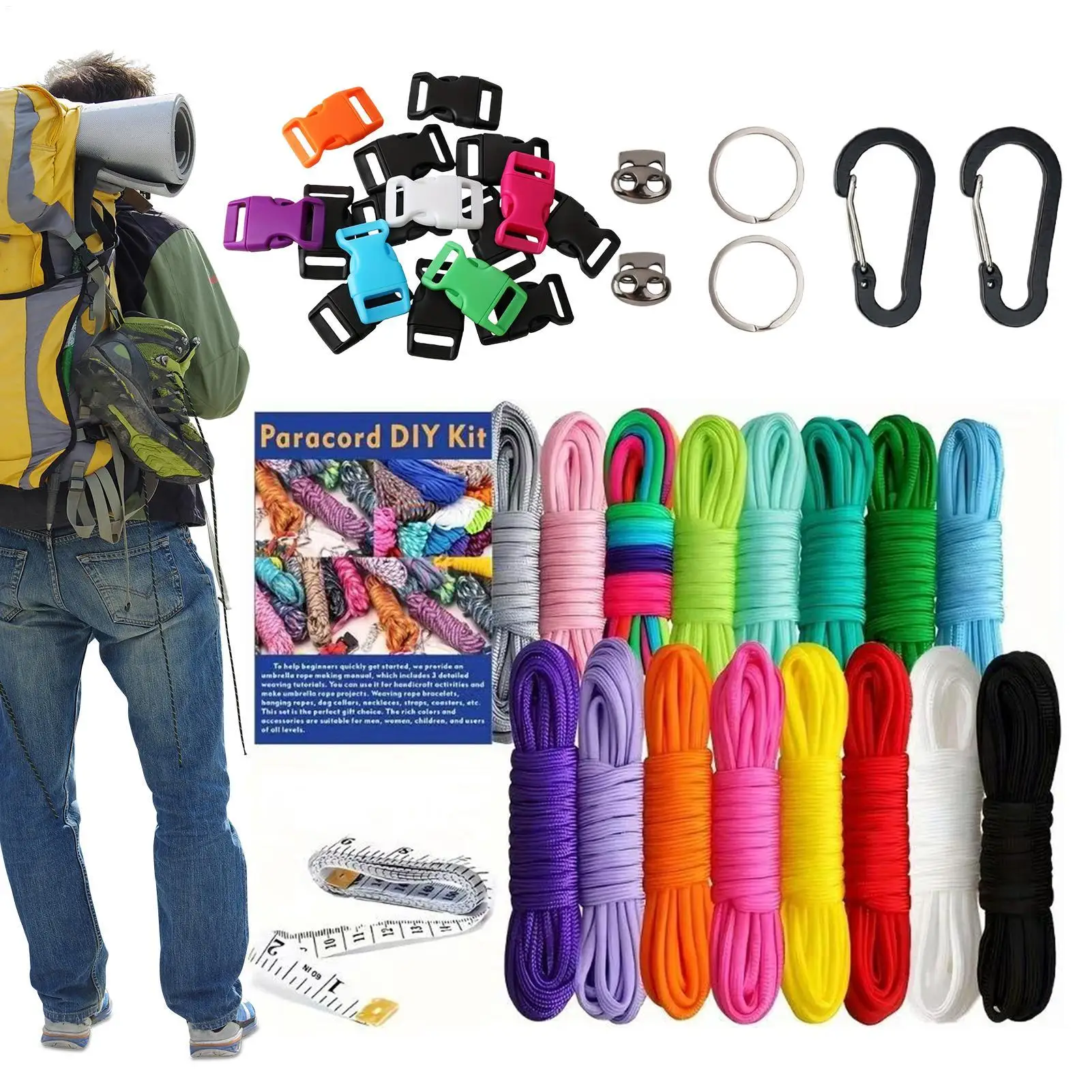 Paracord Set 16-Color With Carabiners Non Slip DIY Survival Rope Making Multifunction Survival Paracord String For Home Camping