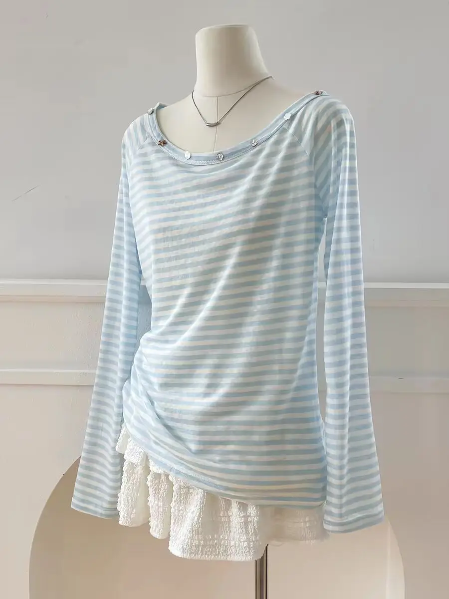 2026 Summer New Women Blue Striped Sun Protection Cover Up, Thin Loose Figure-Flattering Long Sleeve T-Shirt Casual Blouse