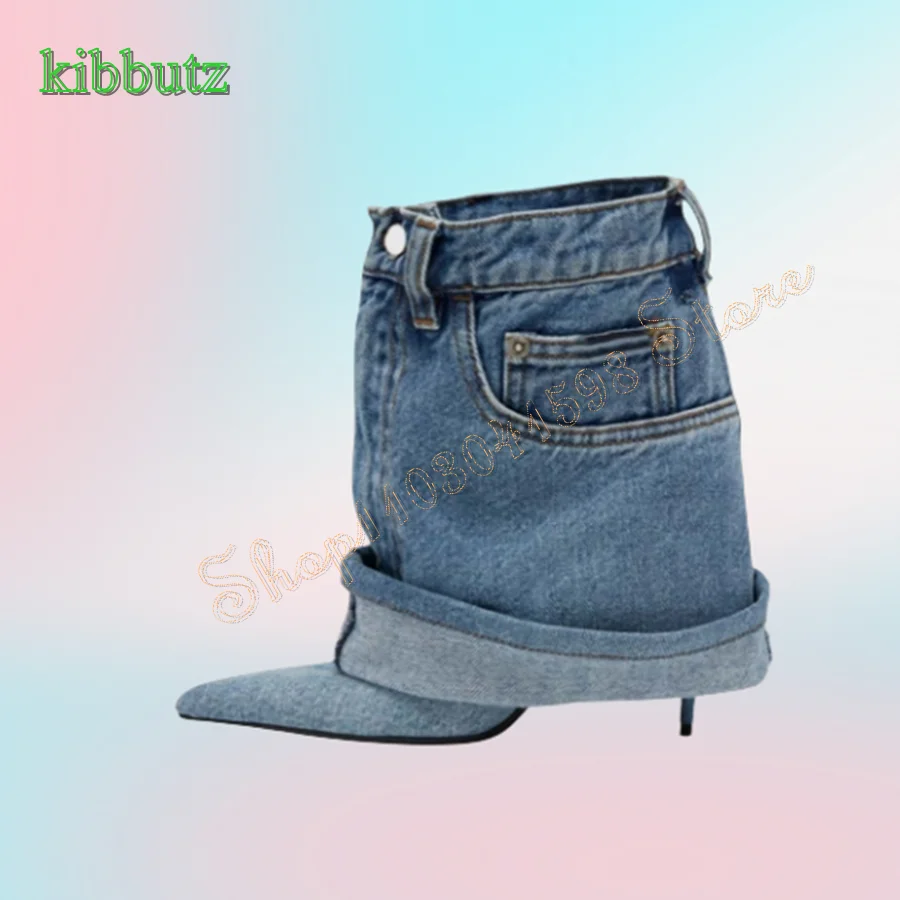 

Vintage Denim High Heel Boots,Pointed Toe Stiletto Boots for Women Camping Party Mid Calf Boots 2024 New Zapatos Para Mujere