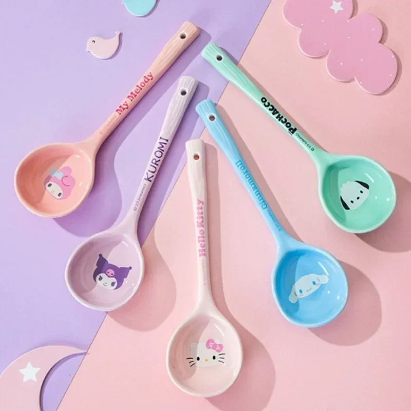 Sanrio Cinnamoroll Hello Kitty Anime Ceramic Long Handle Spoon Cute Cartoon My Melody Household Soup Spoon Tableware Girls Gift