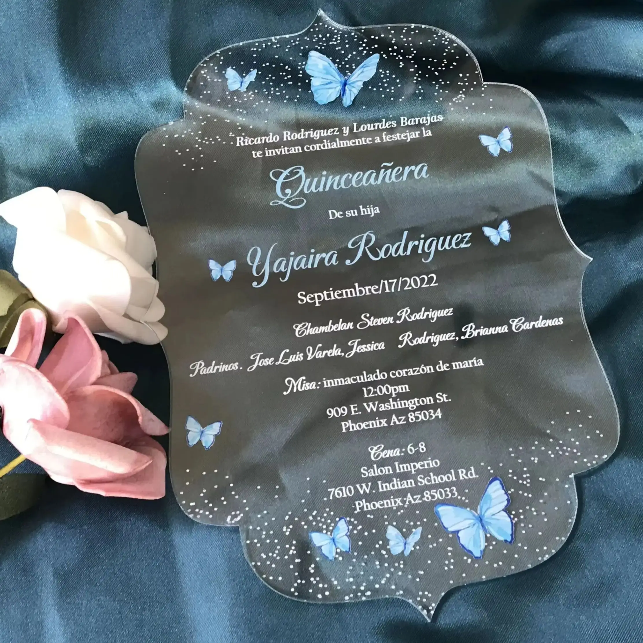 

10pcs Custom Acrylic Quinceanera Invitation Light Blue Butterfly Transparent Sweet 15th Birthday Invitation for Party Decoration