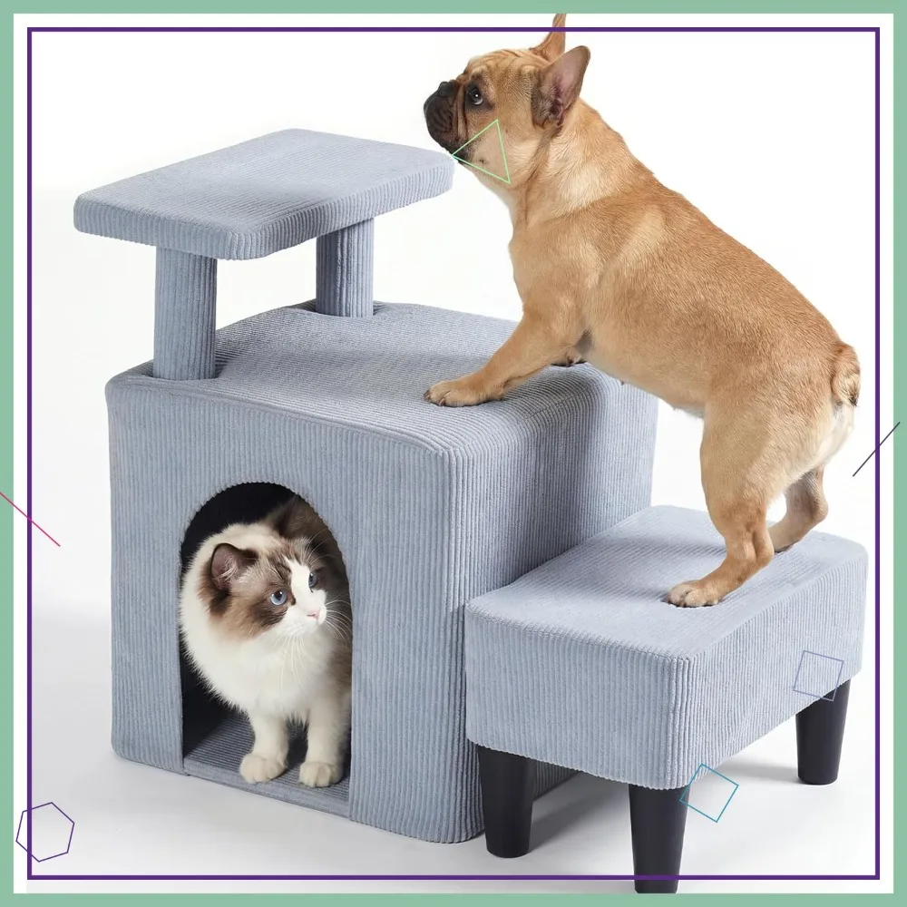 

3-in-1 Pet Stairs for Bed Couch, Non-Slip Steps with Cave & Footstool for Small Dogs Cats, Indoor Ramp for Senior Pets