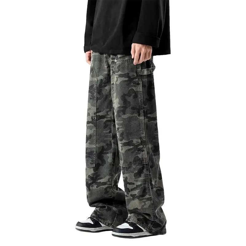Camouflage Tooling Jeans Autumn New High Street Retro Loose Straight Wide Leg Baggy Trousers Cargo Pants Men Low Rise Jeans