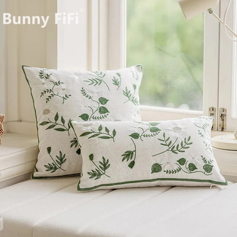 Embroidered Leaves Green Plant Cushion Cover Linen Wild flower Dandelion 45x45cm 30x50cm Chic for Sofa Bed Chair Living Room