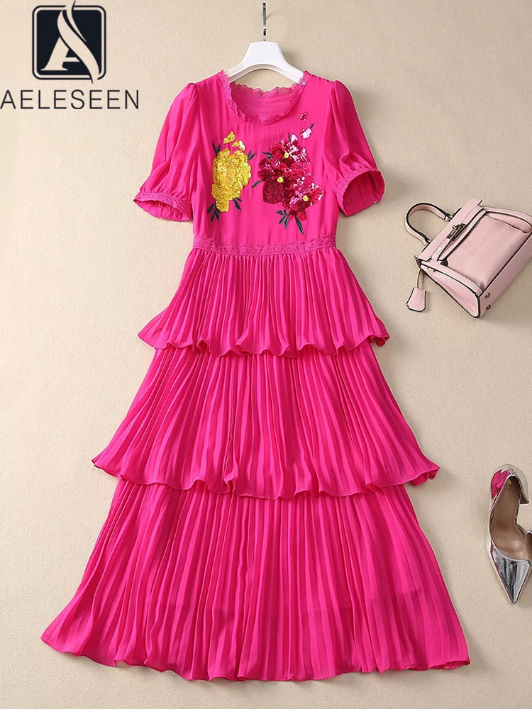 AELESEEN Designer Fashion Pleated Dress Women Spring Summer Rose Red Flower Sequined Embroidery Cascading Ruffles Long Party