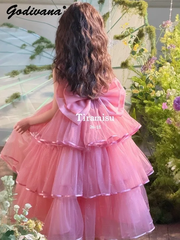 Sweet Baby Girls Summer Pink Princess Dress Kids High End Heavy Pearls Sequin Tulle Cake Birthday Party Performance Ball Gown