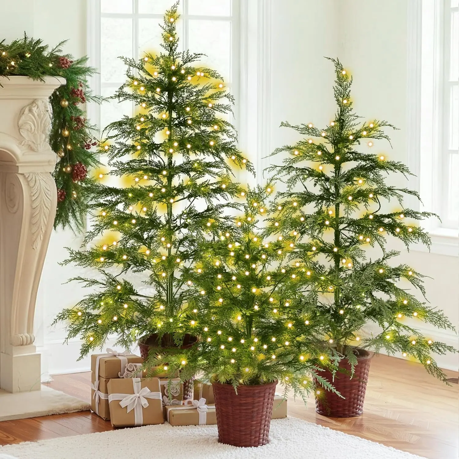 

3-Pack Pre-lit Twinkle Christmas Cypress Trees with 180 LED Lights, Realistic Artificial Trees in Woven Baskets for Indoor Holid