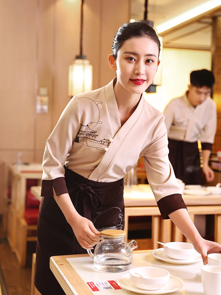 2023 Fashion Catering Workers Uniforms Restaurant Characteristic Chinese Style Top+Apron Set Sushi Shop Staffs Working Clothes