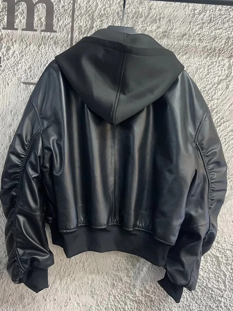 Chaqueta de Mujer de Cuero Genuino con Capucha, Reversible, de Piel de Oveja Real, Chaquetas Cortas con Cremallera, Estilo Coreano, Informal, Holgada, Abrigo Negro