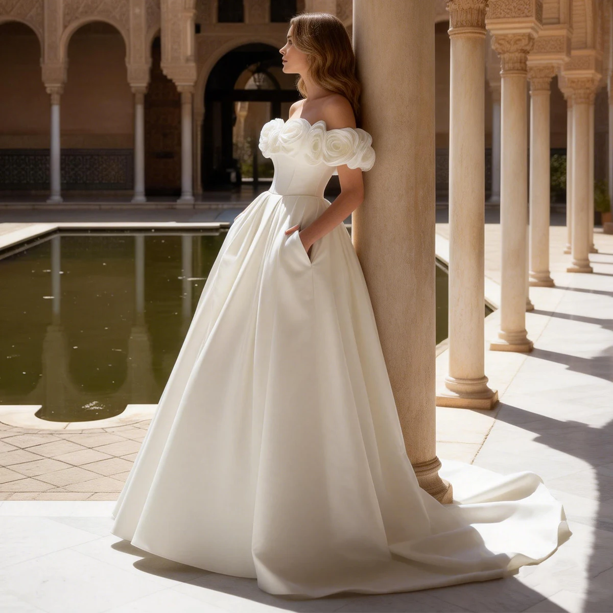 

Vestidos Novia Off Shoulder Puffy Long Ball Gown Wedding Dress 2026 Satin Bridal Party Gown With Train