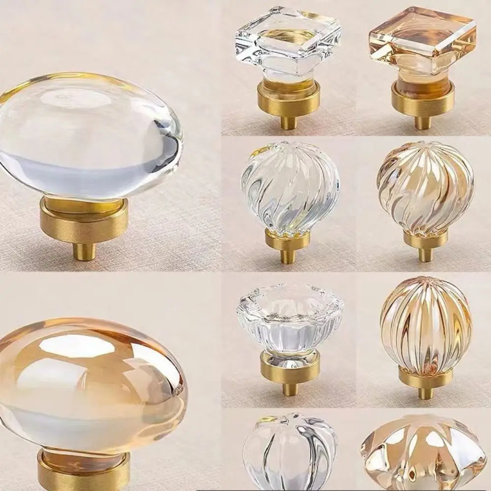 Crystal Glass Furniture Handle Gold Base Transparent Kitchen Cabinet Knobs Cupboard Wardrobe Drawer Pull Handles Home Decor