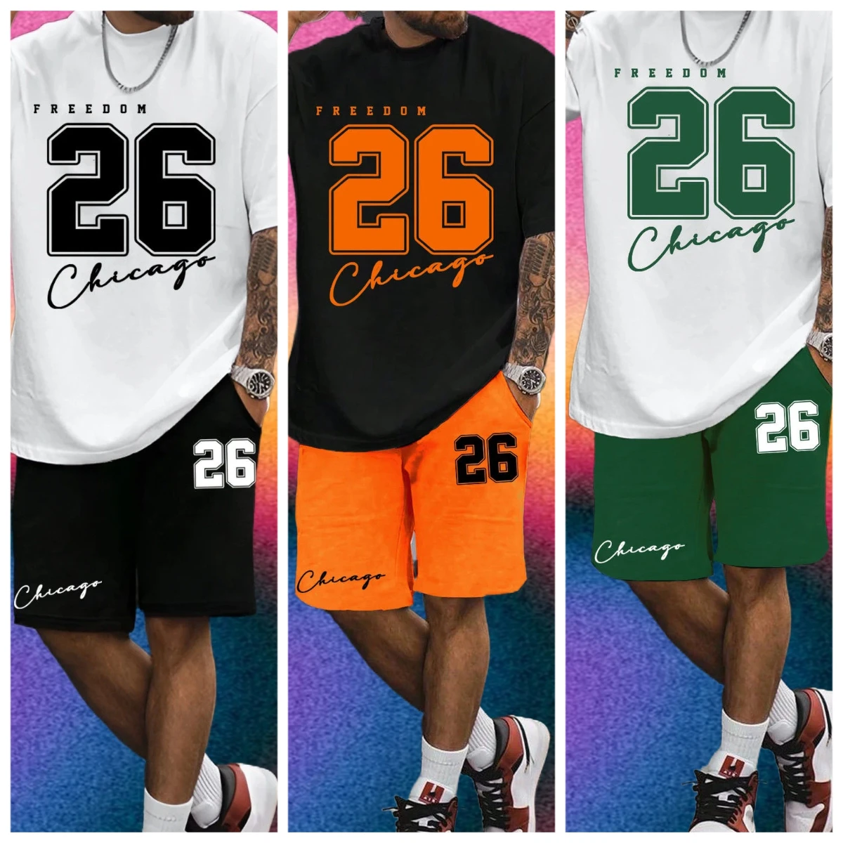 

2025 Summer New Men's T-shirt Shorts Set Sunglasses Bear Print Short Sleeved Round Neck T-shirt Summer Casual Outdoor Comfortabl