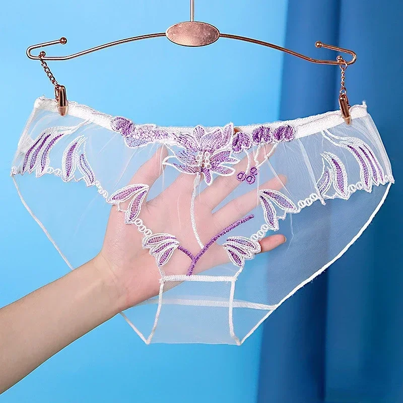 Sexy Transparent Mesh Sheer Briefs Women Super Thin Floral Mesh Panty Perspective Brief Underwear Plus Size M-XXL