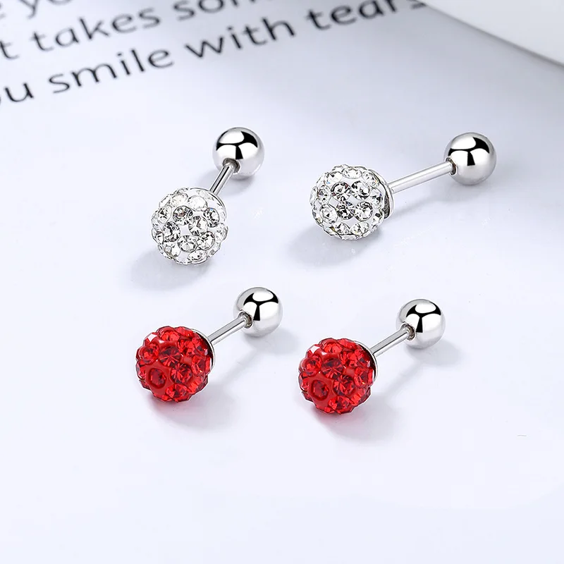 925 Sterling Silver Red Shamballa Ball Stud Earrings Minimalist Threaded Bead Ear Bone Studs Fashion Ear Accessories for Women