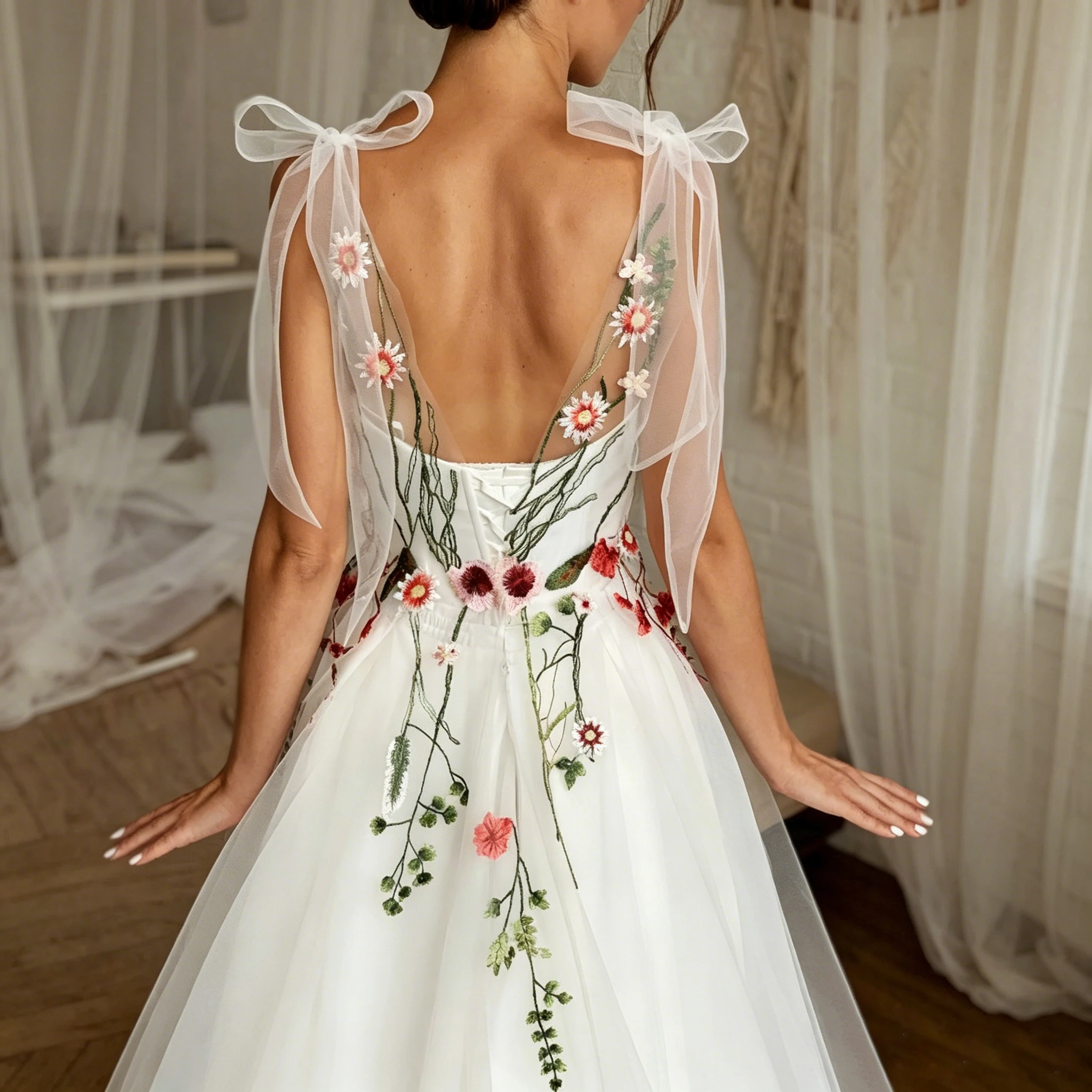 LSYX Maßgeschneiderte bestickte bunte Brautkleider, herzförmiges, rückenfreies Brautkleid, Schnürung, feenhaftes böhmisches Hochzeitskleid