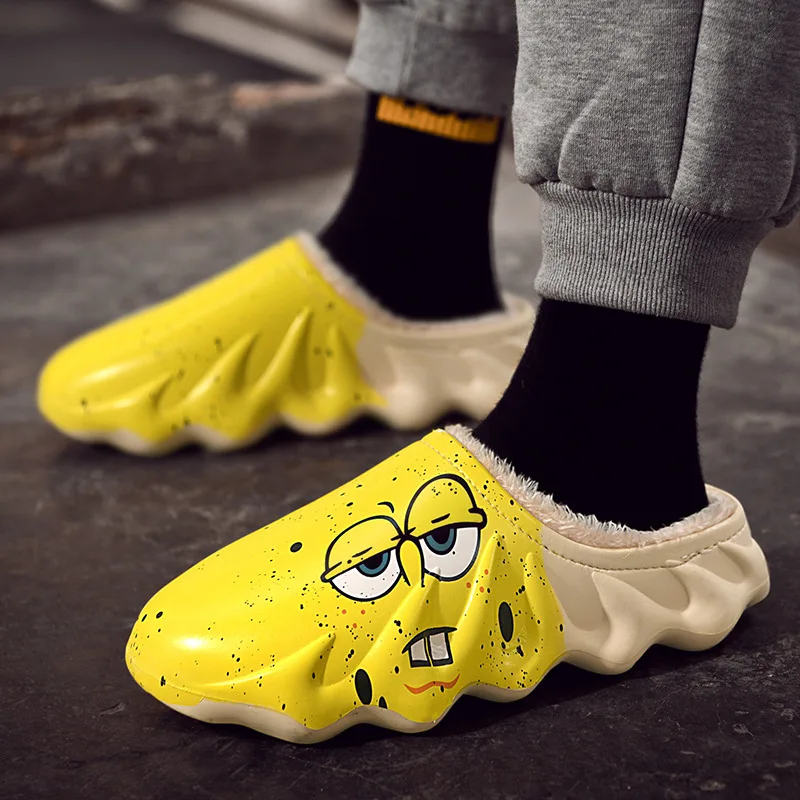 Cartoon Printed Men’s Plush Slippers Waterproof Warmed House Shoes Women Non-Slip Comfy Winter Slippers For Men pantuflas hombre