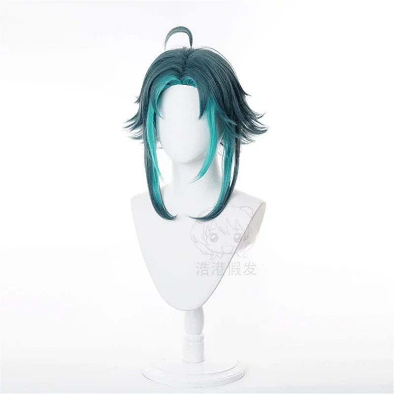 Genshin Dampak Xiao Wig Cosplay Campuran Hijau Tua Biru Pendek Tahan Panas Rambut Sintetis Halloween Peran Bermain Wig