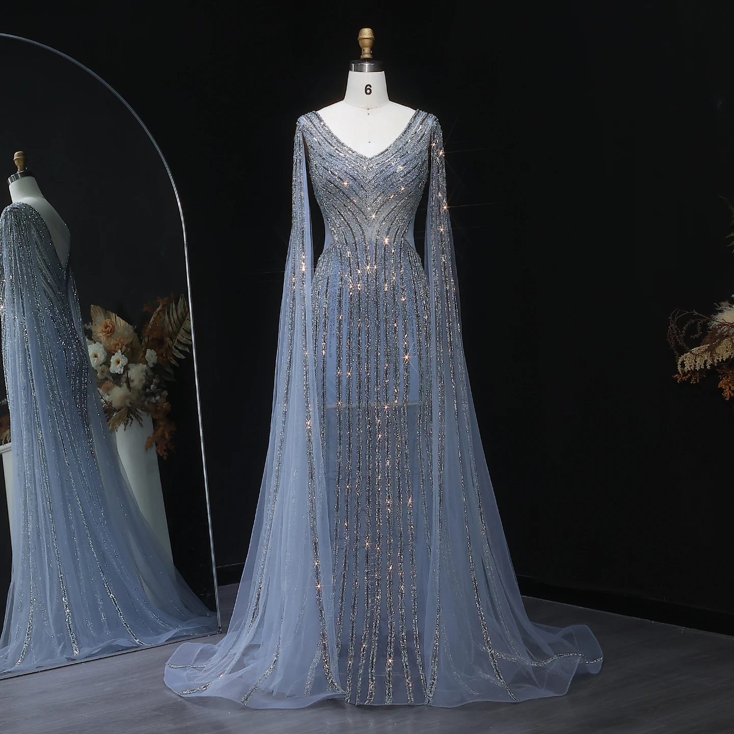 

Sharon Said Luxury Blue Mermaid Arabic Evening Dress with Cape Sleeves Elegant V-Neck Women Wedding Party Gowns SS251 Customized