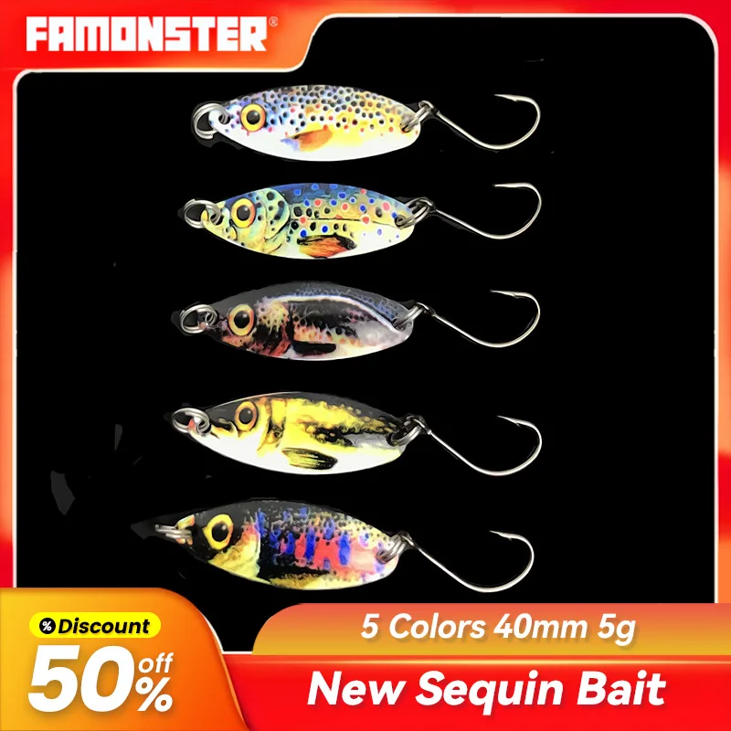 

Famonster Fishing Lure Metal Spoon-shaped Flat Horse Mouth Sequin Iron High-strength Hook Micro-bait Trout Pike Bass Winter