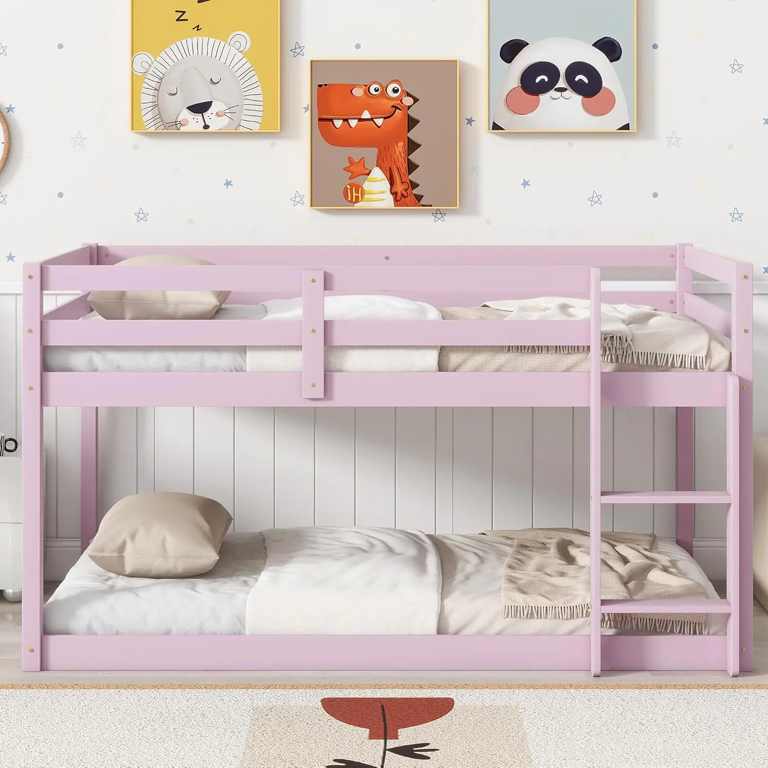 Low Bunk Beds Twin Over Twin Floor Bunk Bed Frame Junior Loft Bed for Kids Boys Girls Teens Pink Low Double Bed for Children