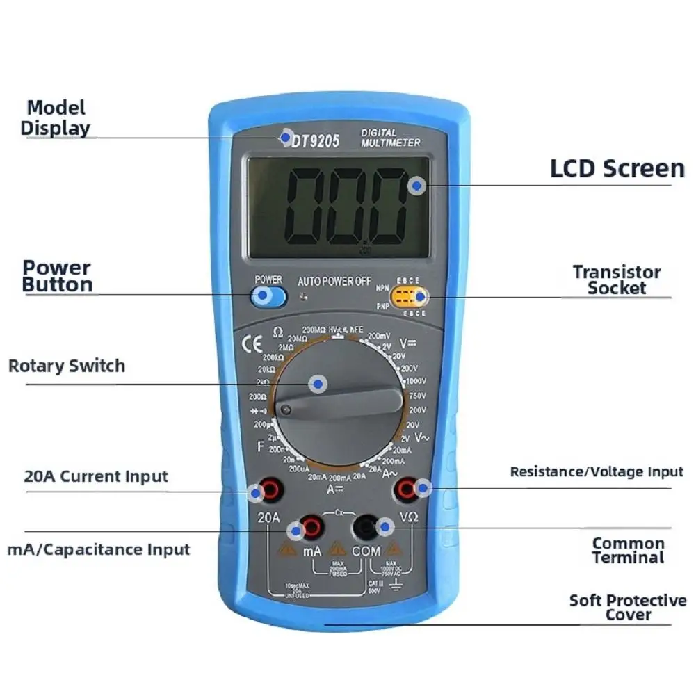 DT9205 1999 Count Digital Multimeter for AC DC Voltage Current Resistance Capacitance Frequency Temperature Diode for hfe