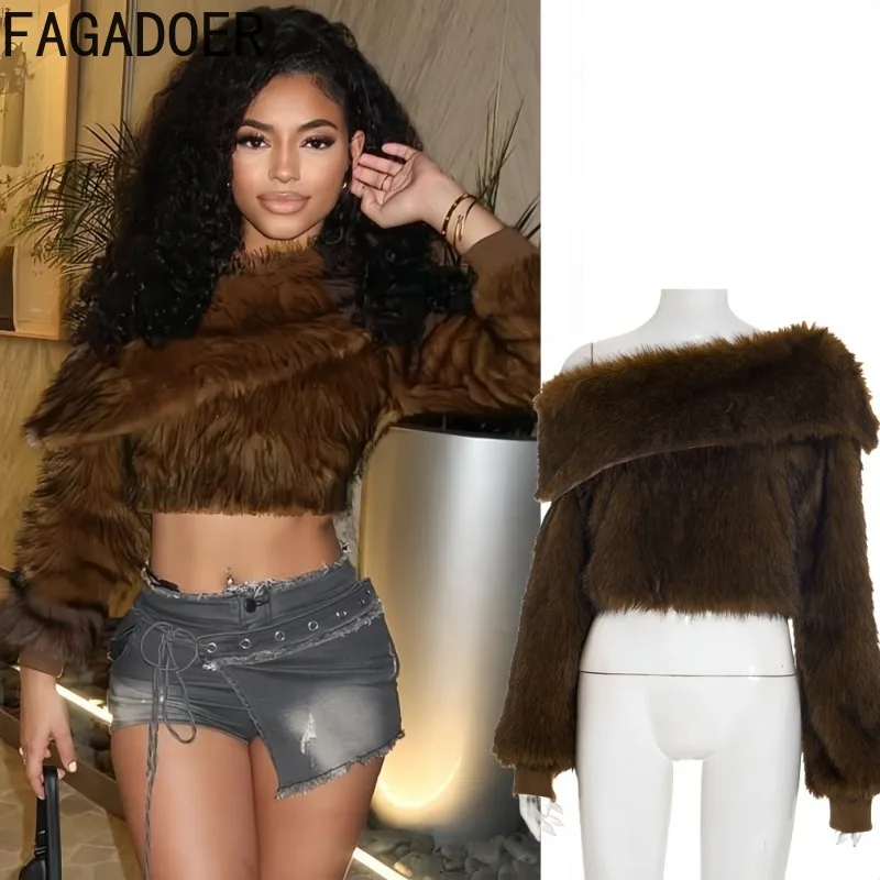 

FAGADOER модная меховая лоскутная футболка женская однотонная укороченная куртка на одно плечо с длинными рукавами женская уличная одежда 2025