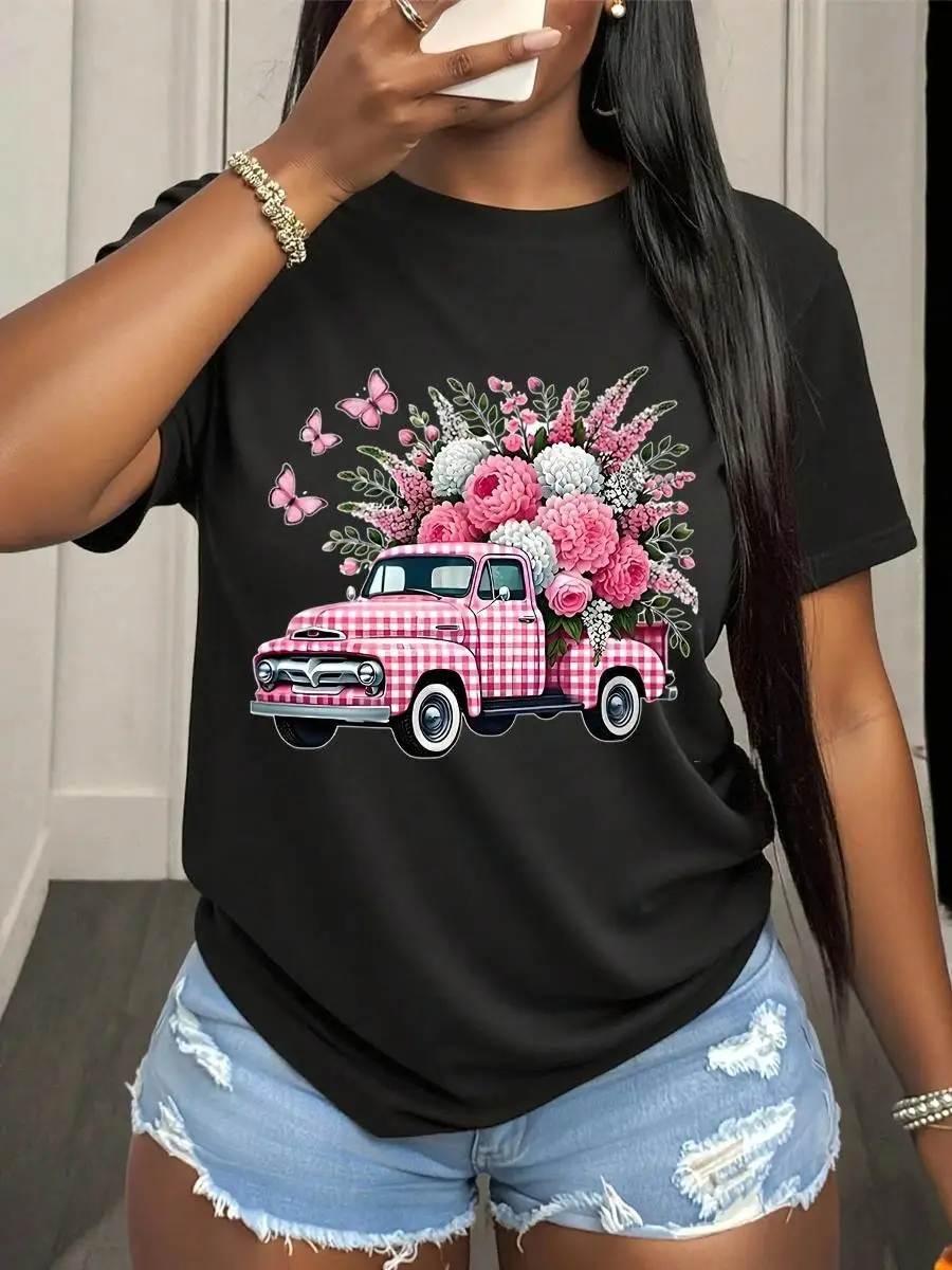 Floral Truck Pink Gingham Pickup Flower Bouquet Butterfly Design Women s Casual T-Shirt Summer Top Gift For Mother s Day Valentine s Day