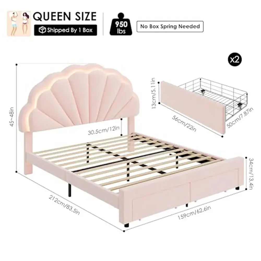 Queen Smart LED Bed Frame w/ 2 Storage Drawers Adjustable Double Petal Velvet Headboard Princess Platform Wood Support No Box