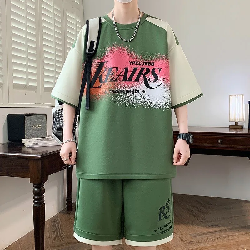 Summer Trend Printed Sports Fitness Short-Sleeved T-shirt Set For Men Loose and Comfortable Breathable Large Size Two-Piece Set