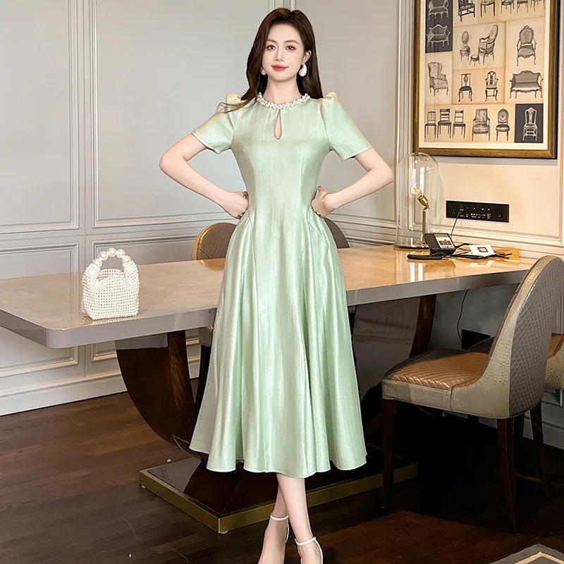 

A-Leibniz - Tea Break Long Skirt, Summer, Women's Clothing, French Style, Temperament, Round Neck, Waist, over the Knee, Dress