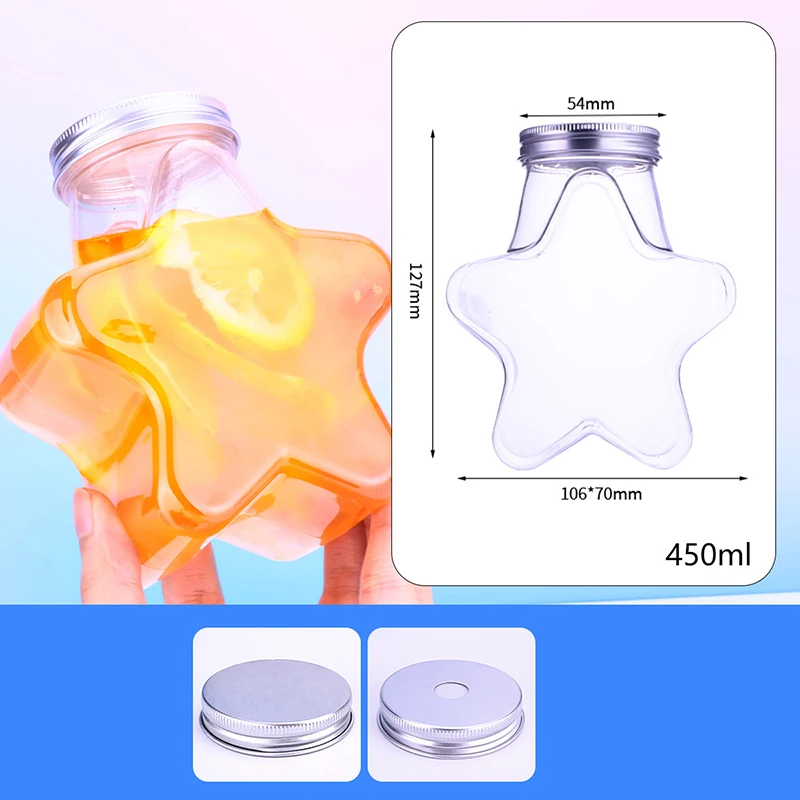 1pcs 400ml Empty Plastic Bottle Disposable Aluminum Cap Beverage Pentagram Cup Lids Leakproof Milk Juice Cup Reusable Beverage