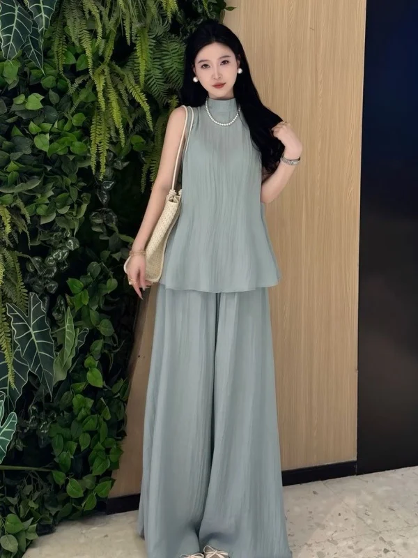 

Повседневный свободный комплект Svel, лето 2023, широкие брюки с высокой талией, комплект из двух предметов, элегантный коврик, одеяло из полиэфирного волокна...