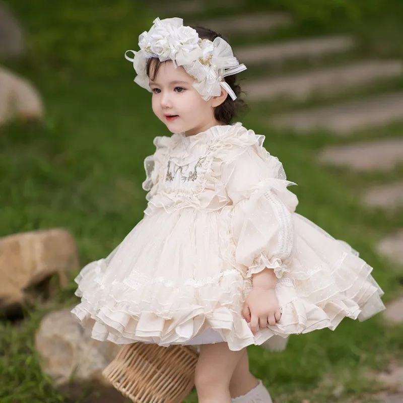 Baby Girl Princess Tutu Dress Long Sleeve Child Spanish Vintage Vestido Lolita Party Birthday Pageant Costume Baby Clothes 1-10Y