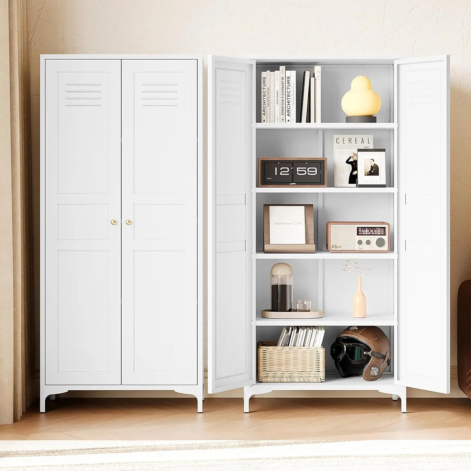 White Storage Cabinet with Feets-Metal Home Kitchen Pantry Cabinets with Doors and Adjustable Shelves,Organization Locker