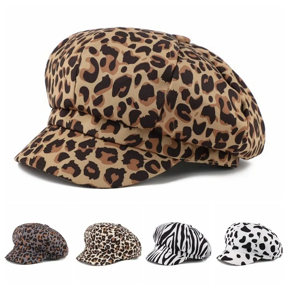 Cute Spot Leopard Print Octagonal Hat Polyester Y2K Women Beret British Korean Style Painter Hat Travel