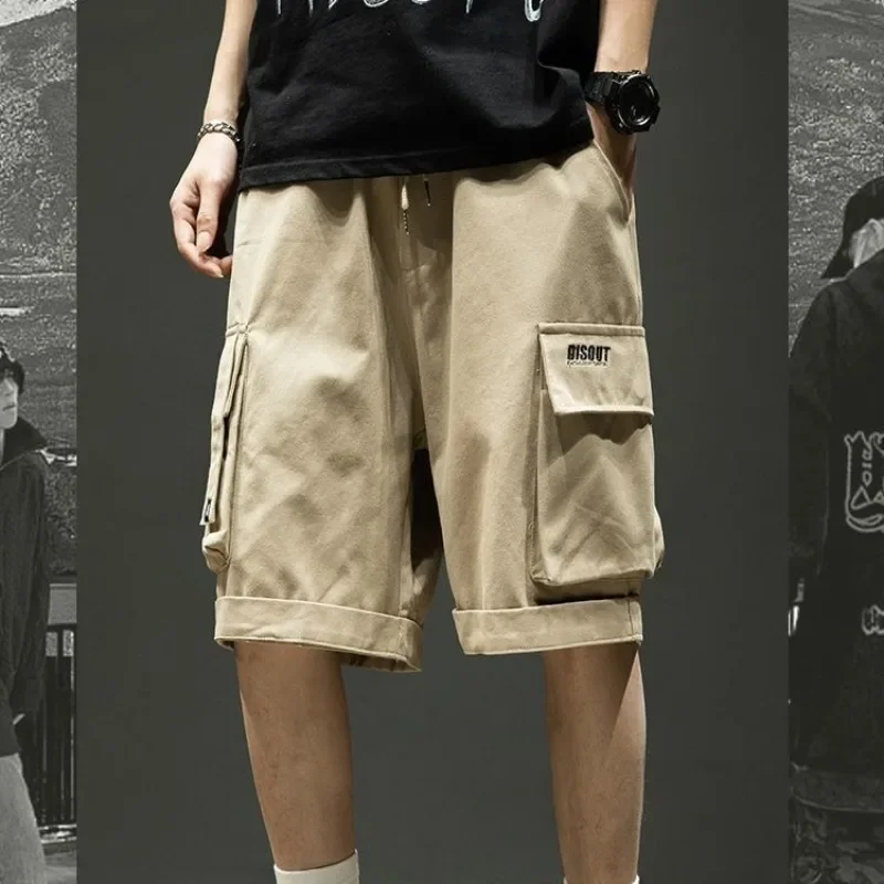 

Baggy Loose Elastic Waist with Draw String Men's Cargo Shorts Wide Over Knee Pockets Male Short Pants Solid Vintage Designer Y2k