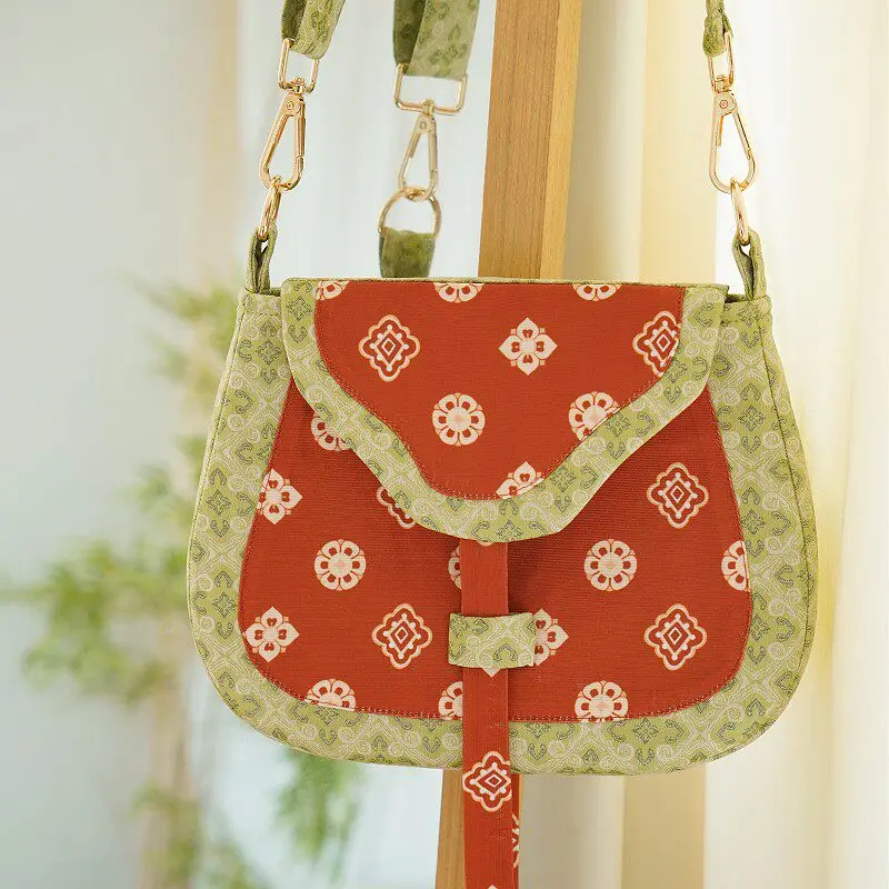 Chinese Style Retro Summer Hanfu Girl Bag Romantic Green Orange Floral Elegant Lively Patterned Exquisite Sweet Crossbody Bag