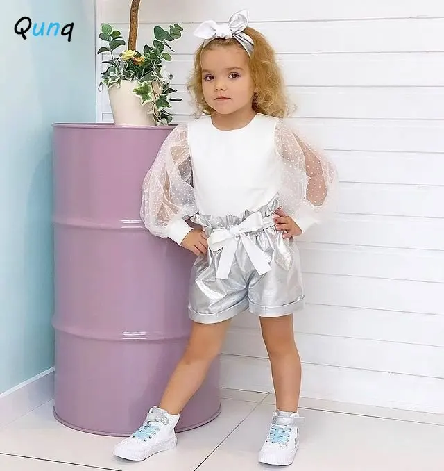 

Qunq 2023 Summer Girls O Neck Dot Mesh Lantern Sleeve Solid Top + Stretch Ice Silk leather Shorts Casual Kids Clothes Age 3T-8T