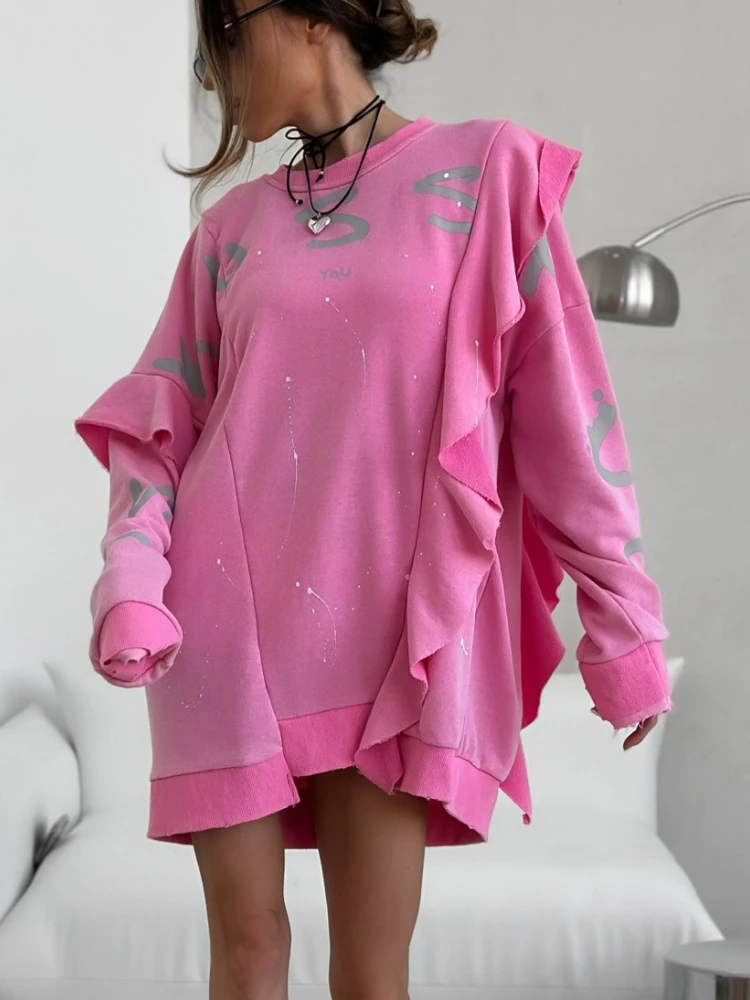 

Street Style Round-neck Long-sleeved Loose Leaf-edge Hoodie for Women with Multi-color Damasco Print Top streetwear women