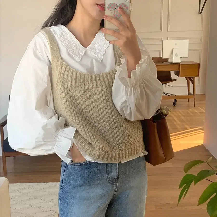 Korean Autumn Vintage Knitted Sweater Vest Women Round Neck Sweater Sleeveless Korean Chic Outside Waistcoat Pullover Tank Tops