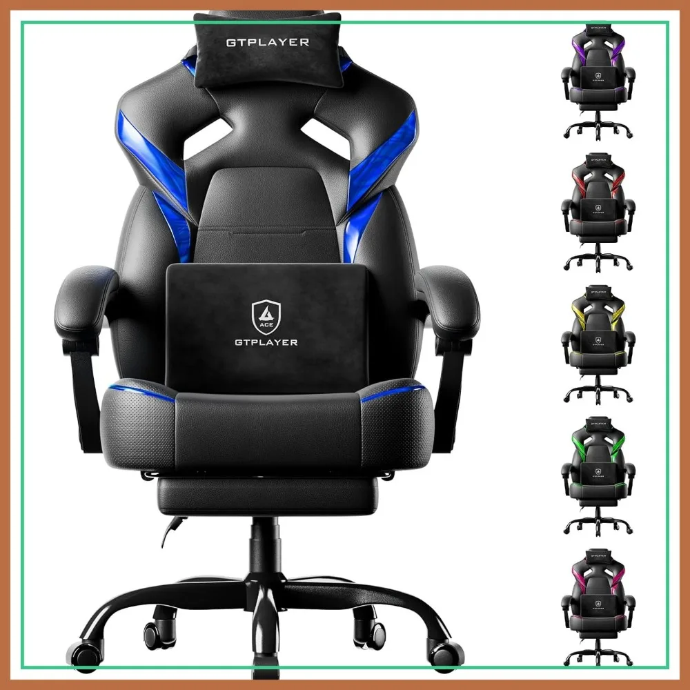 Ergonomic Gaming Chair with Footrest, 350 lbs Capacity, High Back, Leather & Trim, Black Blue