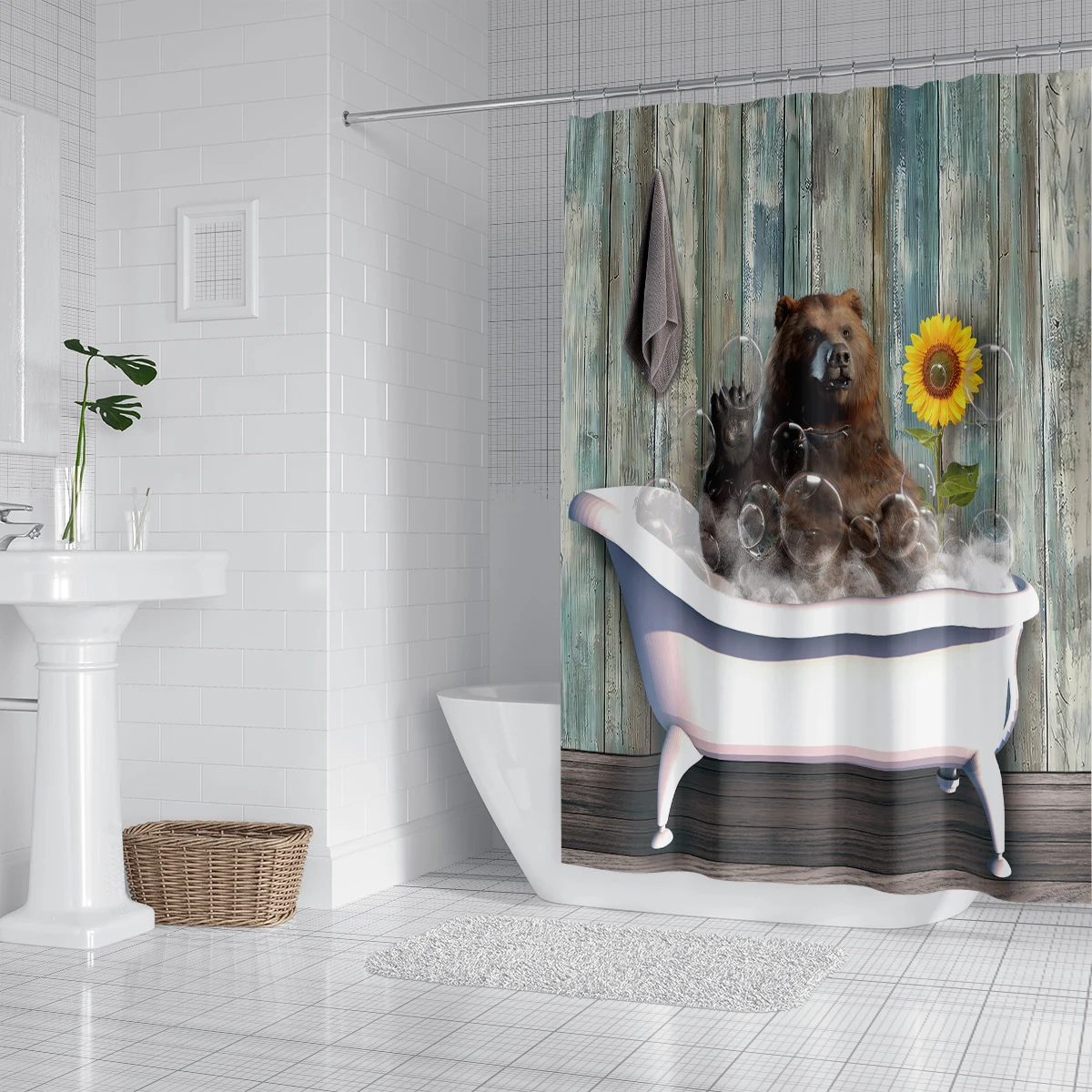 Bathtub Shower Curtain Gift Modern Home Bathroom Decoration Wood Board Background Bear Sunflower Bathroom Curtain with 12 Hooks